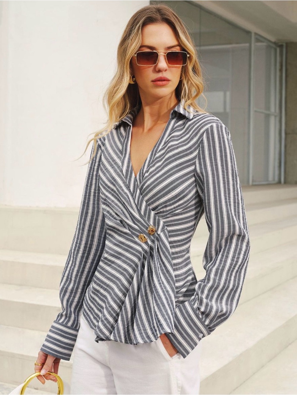 Striped Wrap-Front Blouse in Gray and White Large 8/10